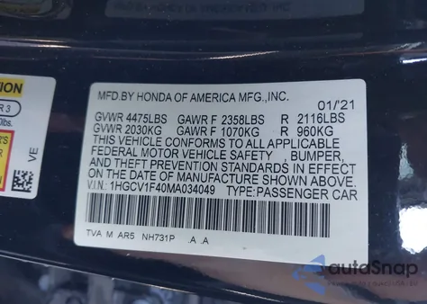 2021 Honda Accord Sport Special Edition из США, поврежденный, VIN 1HGCV1F40MA034049